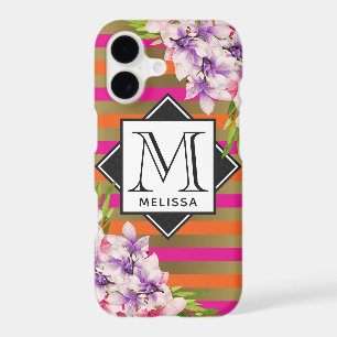 Magnolias sur Pink & Faux Gold Stripes Monogrammes