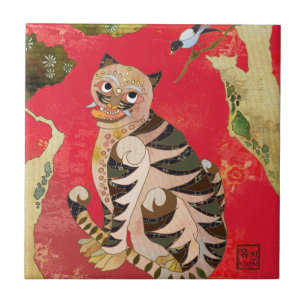 Magpie and Tiger Korean Folk Art Ceramic Deco Tile