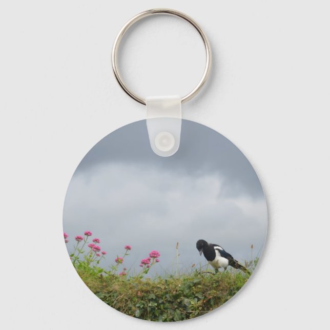 Magpie and wild flowers. keychain (Front)
