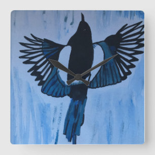 Magpie Bird Watercolour and fine line painting Square Wall Clock