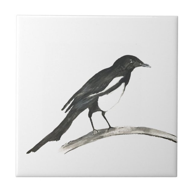 Magpie Bird Wildlife Watercolor Nature Cute Tile (Front)