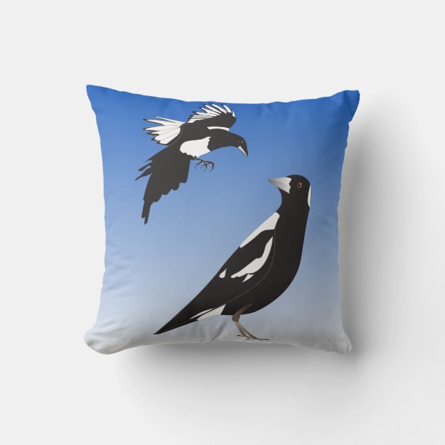 Magpie birds black white meeting throw pillow (Front)