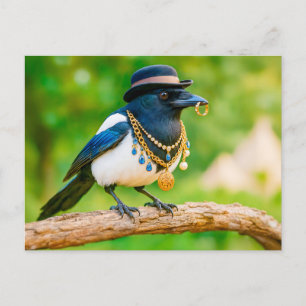 Magpie Covered in Jewelry and Gems Holiday Postcard