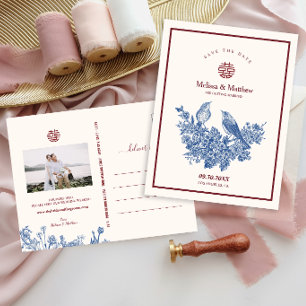Magpie Floral Chinese Wedding Save the Date Postcard