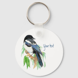 Magpie in Willow Tree, Bird, Garden to Customize Keychain