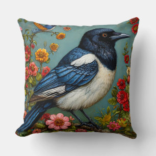 Magpie Perched on Colourful Floral Branch Throw Pillow