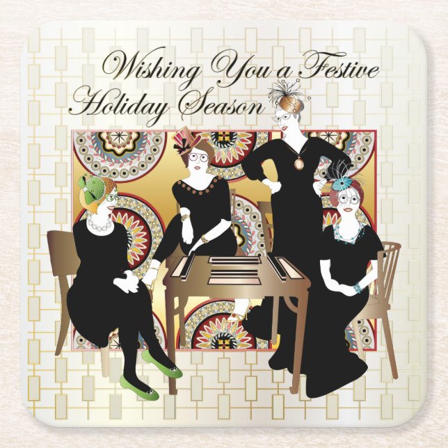 Mah Jongg Festive Square Paper Coaster (Front)