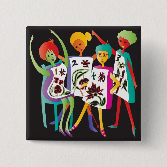 Mah Jongg Flower Dance 2 Inch Square Button (Front)