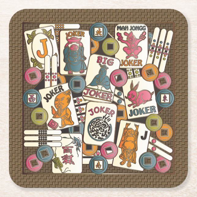 Mah Jongg Jokers Square Paper Coaster (Front)