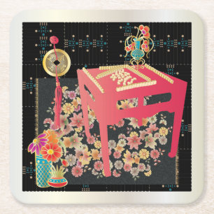 Mah Jongg Red Table Square Paper Coaster