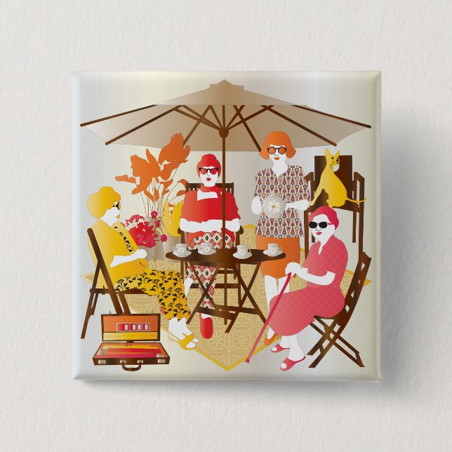 Mah Jongg Tea Party 2 Inch Square Button (Front)