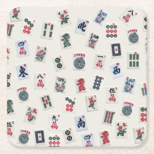 Mah Jongg tiles symbols design on badge Square Paper Coaster