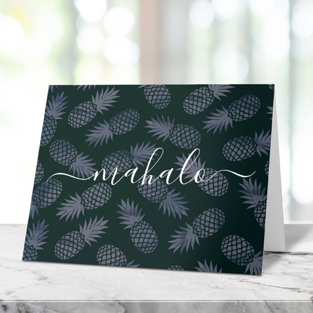 Mahalo navy blue tropical pineapple pattern script thank you card (Creator Uploaded)