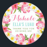 Mahalo Tropical Pink Floral Lei Luau Classic Round Sticker<br><div class="desc">Say mahalo to your luau guests with this vibrant tropical round sticker. A lush wreath of pink hibiscus, plumeria, and tropical greenery frames featured text reading "Mahalo" in playful pink script with "Thank You for Joining Us" below. The bright, cheerful floral lei design sets the perfect Hawaiian party mood. Ideal...</div>