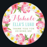 Mahalo Tropical Pink Floral Lei Thank You Classic Round Sticker<br><div class="desc">Wedding bridal shower luau favour stickers feature a Hawaiian theme with a floral lei garland frame of tropical hibiscus flowers. Stylish custom text can be personalized with the bride's name and custom Mahalo / Thank You (or other) message. Vibrant colours include pink,  magenta,  yellow,  green,  and aqua blue.</div>