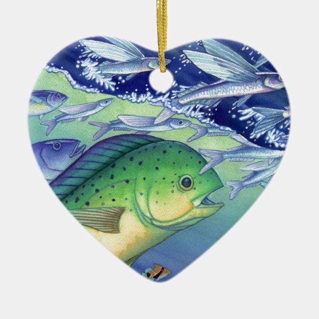 Mahi Mahi (Dolphin Fish) chasing Flying Fish Ceramic Ornament (Front)