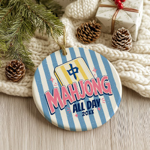 Mahjong All Day Striped Christmas  Ceramic Ornament