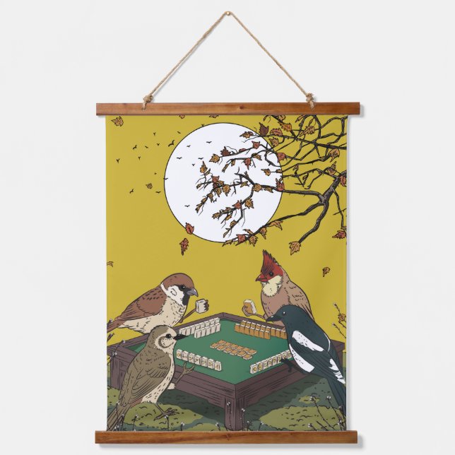 Mahjong birds playing Game  Hanging Tapestry (Front)