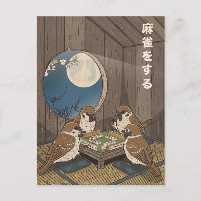 Mahjong birds playing Game  Holiday Postcard (Front)