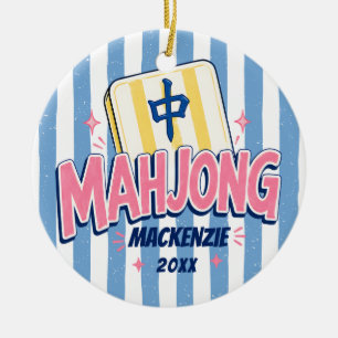 Mahjong Blue Striped Christmas Ceramic Ornament