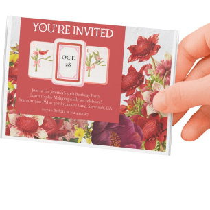 Mahjong Bold Rich Red Florals Postcard Invitation