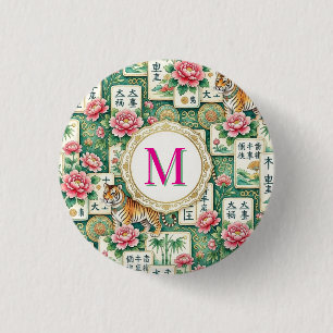 Mahjong Chinoiserie Floral Monogram Personalized 1 Inch Round Button