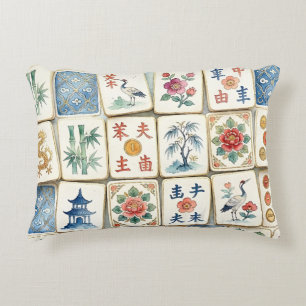 Mahjong Chinoiserie Tiles Watercolor Flowers Birds Accent Pillow