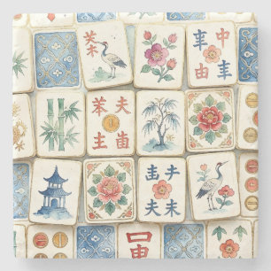 Mahjong Chinoiserie Tiles Watercolor Flowers Birds Stone Coaster