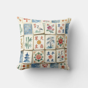 Mahjong Chinoiserie Tiles Watercolor Flowers Birds Throw Pillow