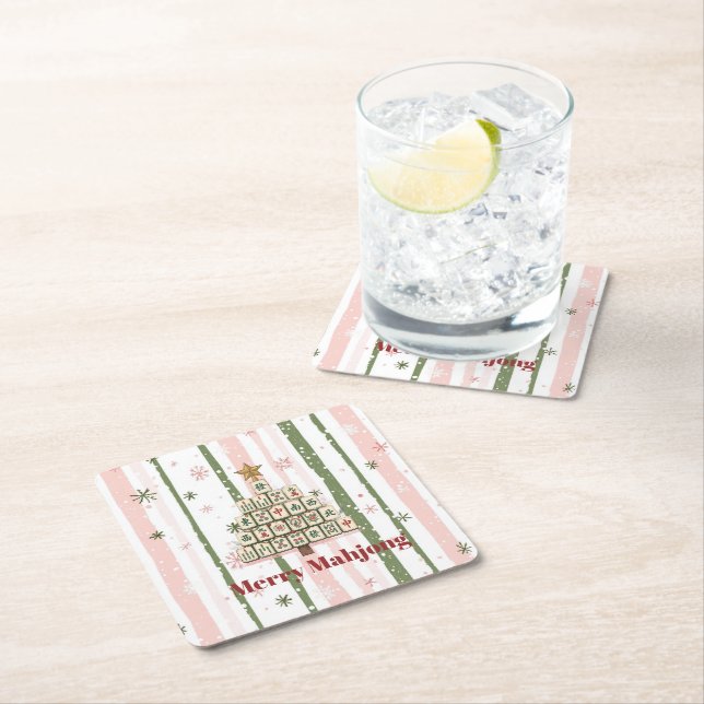 Mahjong Christmas Tree Customizable Square Paper Coaster (Insitu)