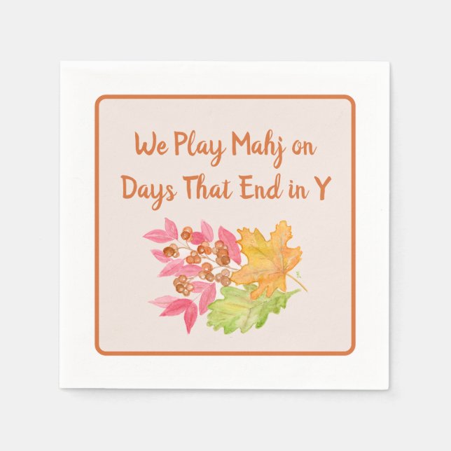 Mahjong Days End in Y Watercolor Autumn Leaves Napkin (Front)