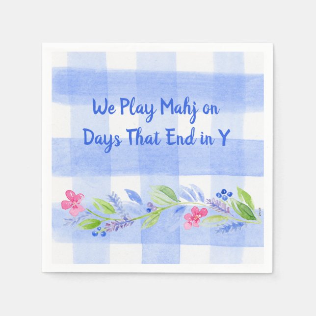 Mahjong Days End in Y Watercolor Flower Gingham Napkin (Front)