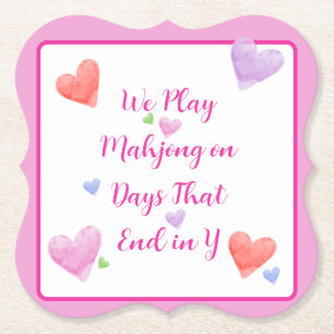 Mahjong Days End in Y Watercolor Valentine's Heart Paper Coaster