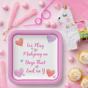 Mahjong Days End in Y Watercolor Valentine's Heart Paper Plate