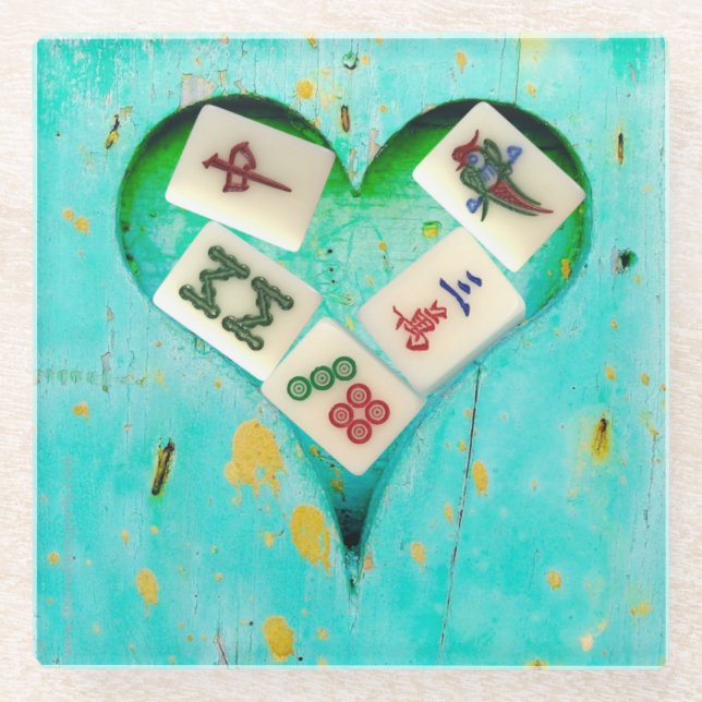 Mahjong fills my heart rustic design glass coaster (Front)