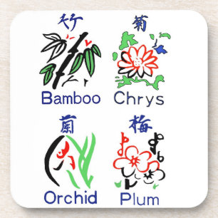 Mahjong Flower Suits,Blue,Red,Green,Black on White Coaster