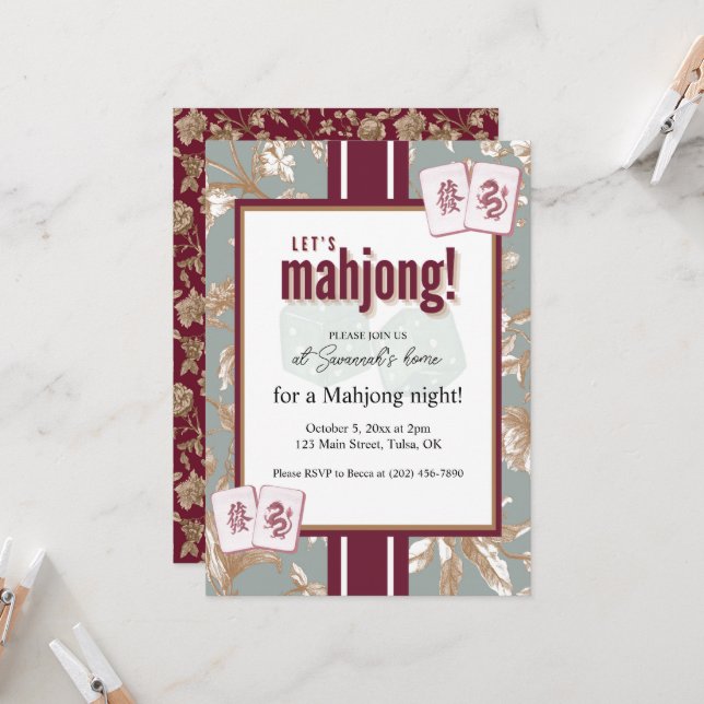 Mahjong Party Invitation, burgundy toile, tiles Invitation (Front/Back In Situ)