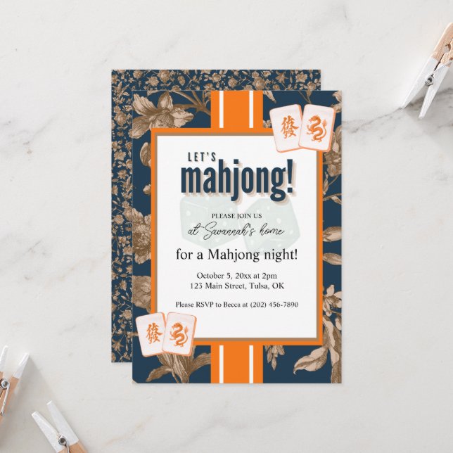 Mahjong Party Invitation, navy gold toile, tiles Invitation (Front/Back In Situ)