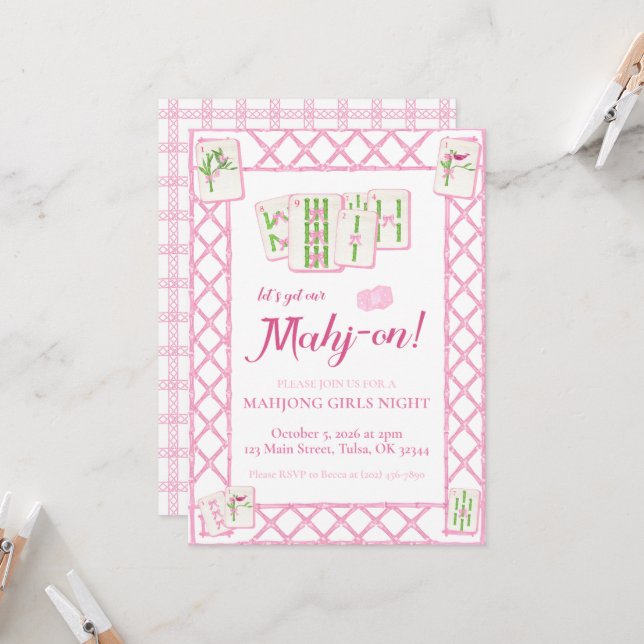Mahjong Party Invitation, Pink Green Coquette (Front/Back In Situ)
