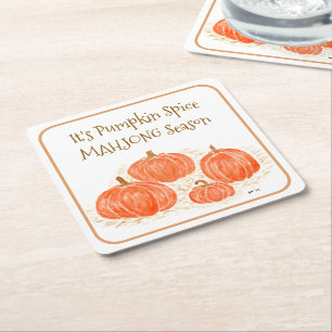 Mahjong Pumpkin Spice Season Watercolor Pumpkin Square Paper Coaster