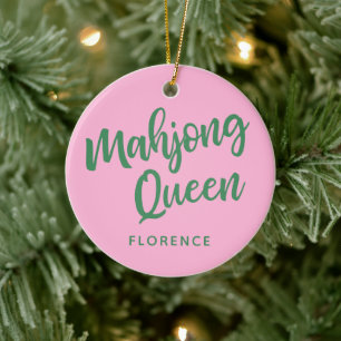 Mahjong Queen Personalized Name Pink and Green Ceramic Ornament