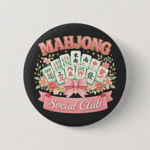 Mahjong Social Club Pink Floral Bow 2 Inch Round Button