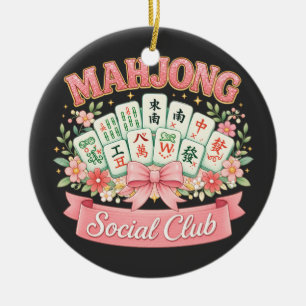 Mahjong Social Club Pink Floral Bow Ceramic Ornament
