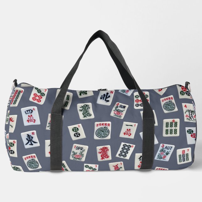 Mahjong symbols tiles on dark blue duffle bag (Front)