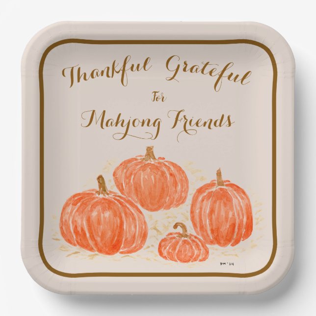 Mahjong Thankful Grateful Watercolor Pumpkins Paper Plate (Front)