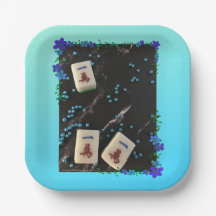 Mahjong themed paper plate with blue floral design