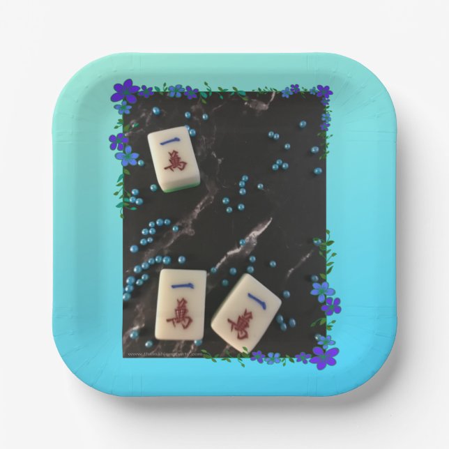 Mahjong themed paper plate with blue floral design (Front)