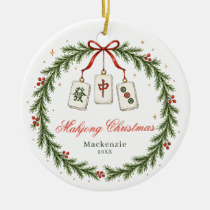 Mahjong Tile Classic Wreath Christmas  Ceramic Ornament
