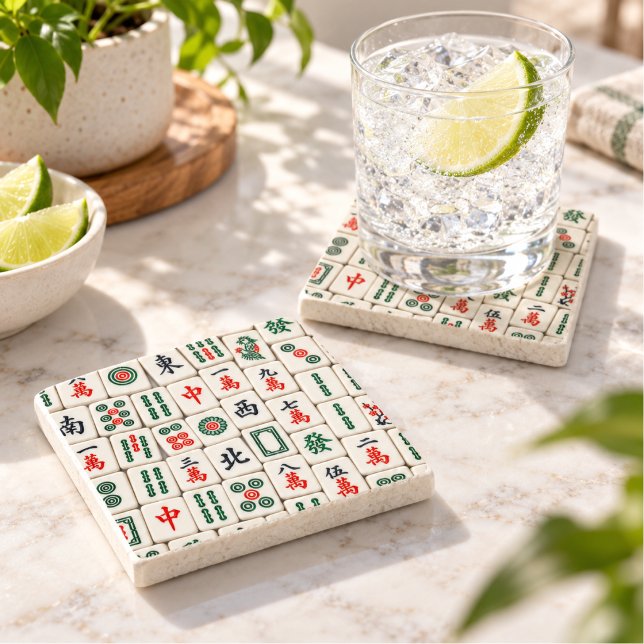 Mahjong Tile Pattern Ivory Red Green Game Night Stone Coaster (Creator Uploaded)