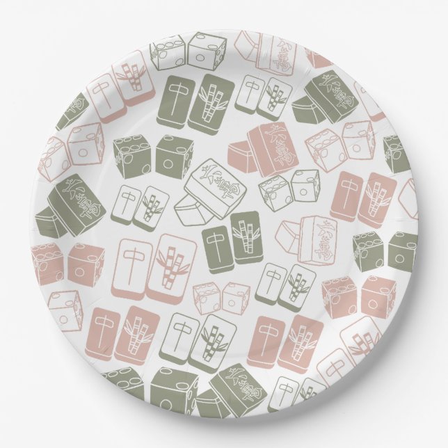 Mahjong tiles and dice in pink and khaki paper plate (Front)